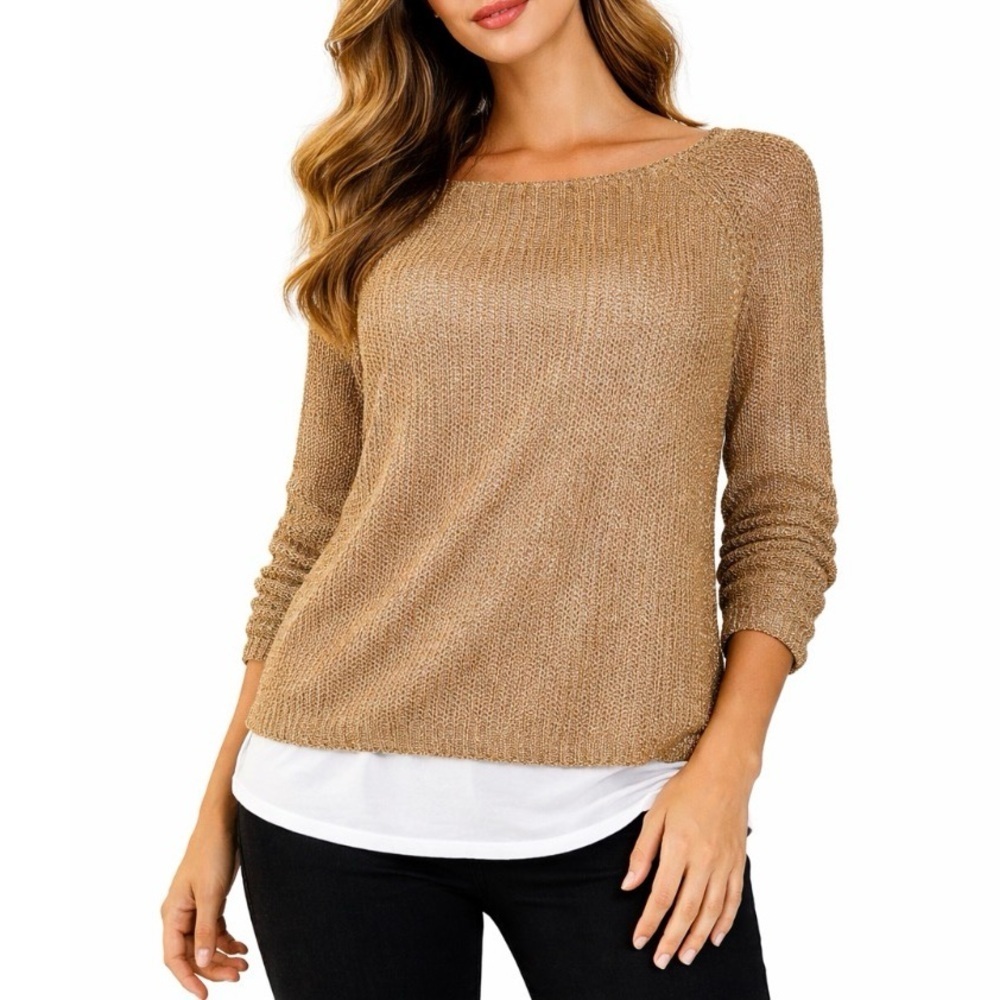 Chicos Sweater Metallic Copper/gold Cotton Blend Crewneck chain link SZ 2 US LG